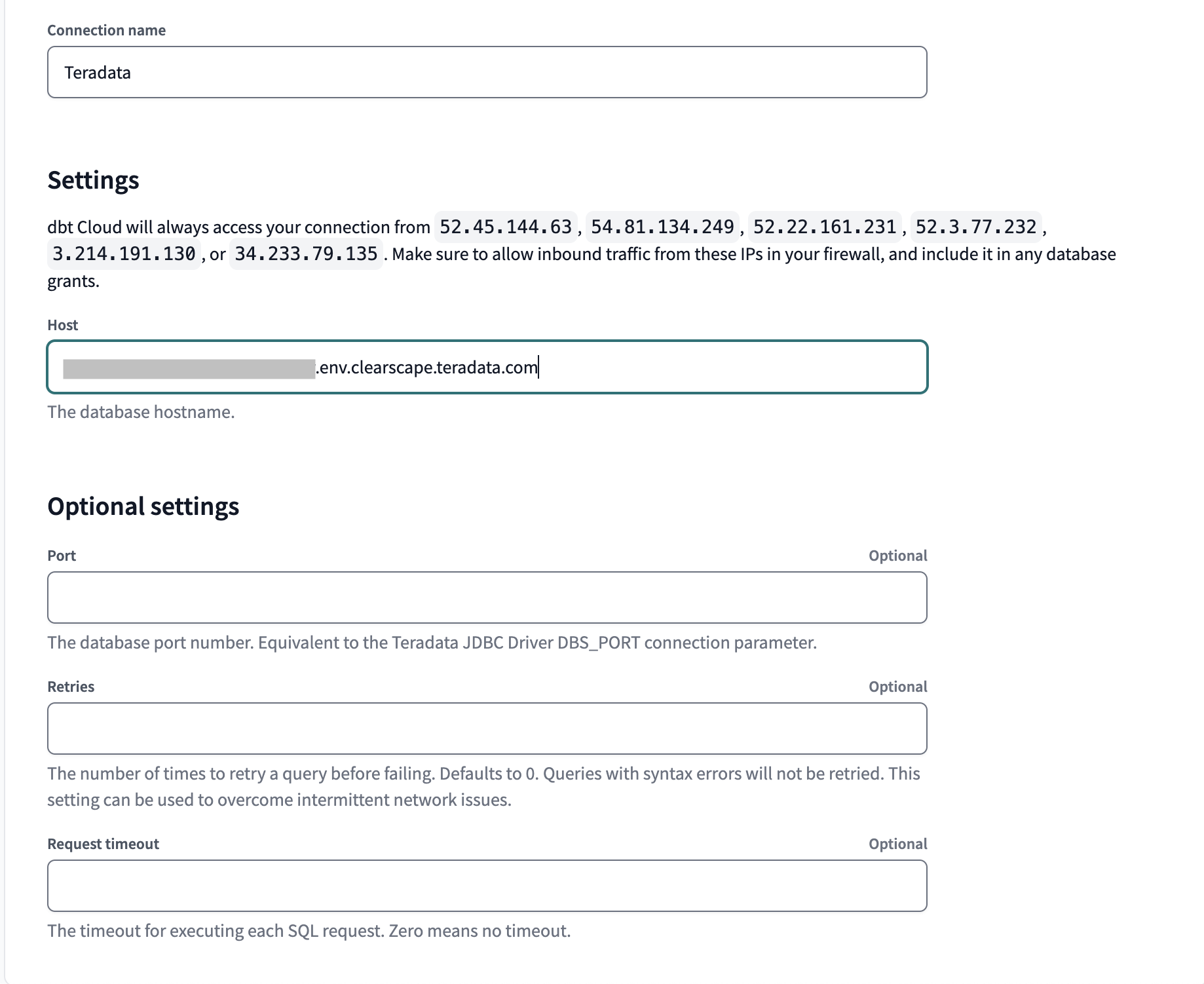 Example of the Teradata connection fields. Example of the Teradata connection fields.